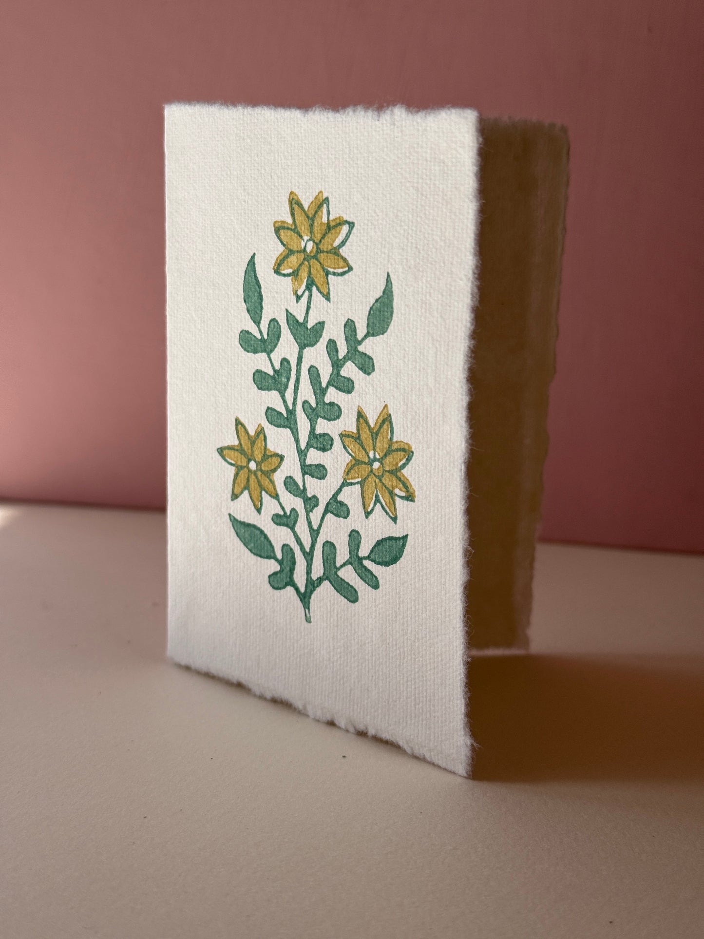 Handprinted Floral Stem Greeting Card in a Teal & Mustard Yellow