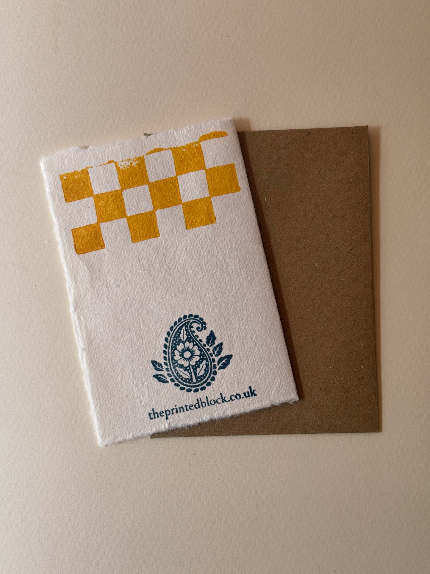 Handprinted Geometric Leaf Greeting Card in Mustard Yellow & Soft Green