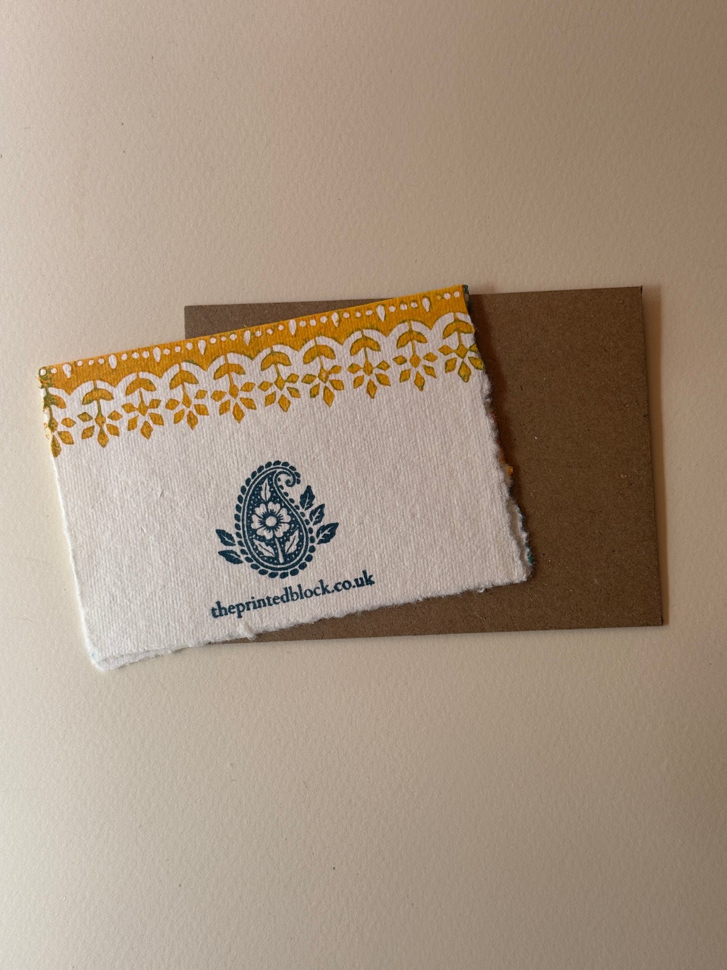 Handprinted Floral Border Greeting Card in Mustard Yellow & Teal Green