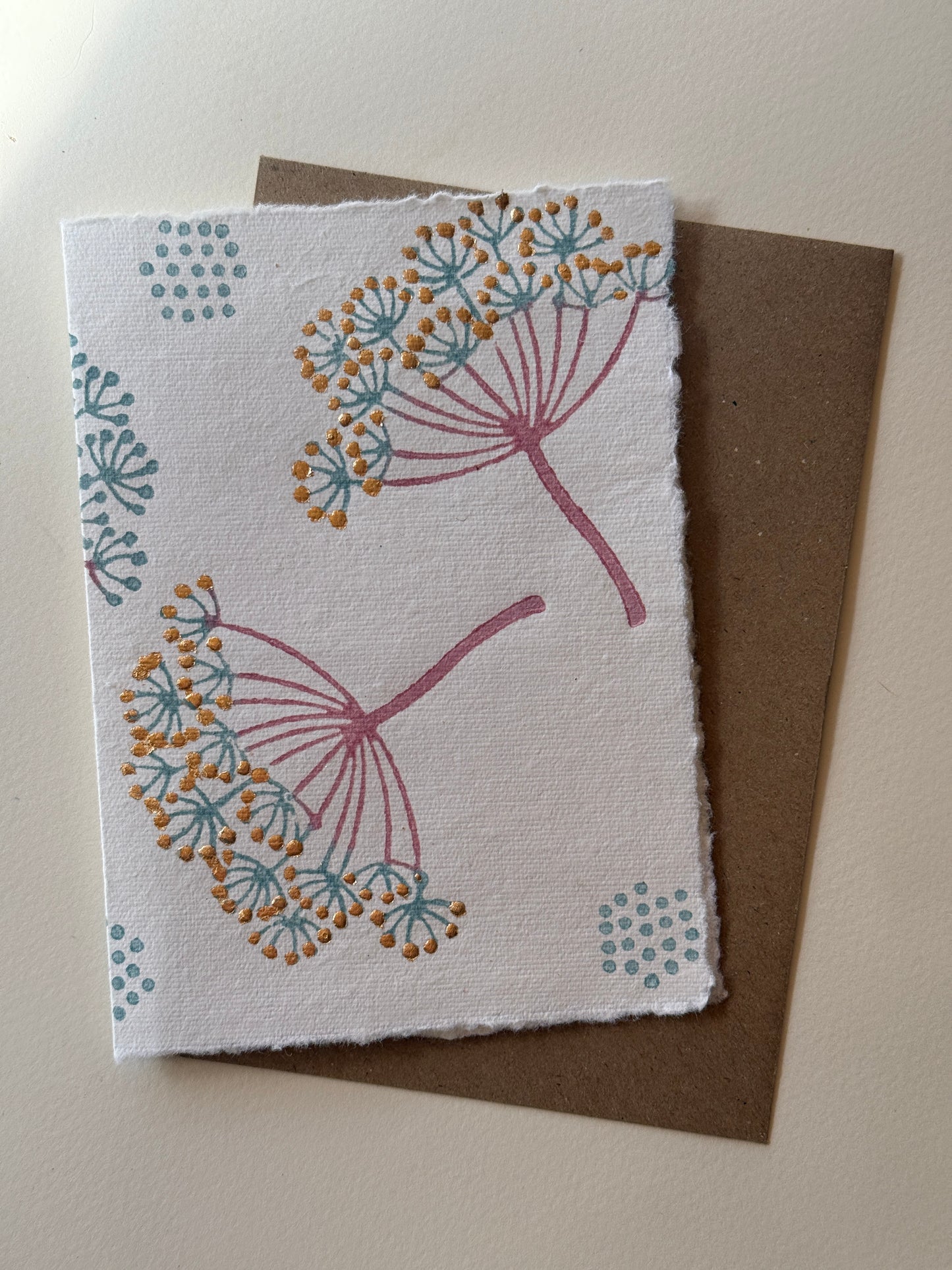 Handprinted Seed Head Greeting Card with Gold Leaf