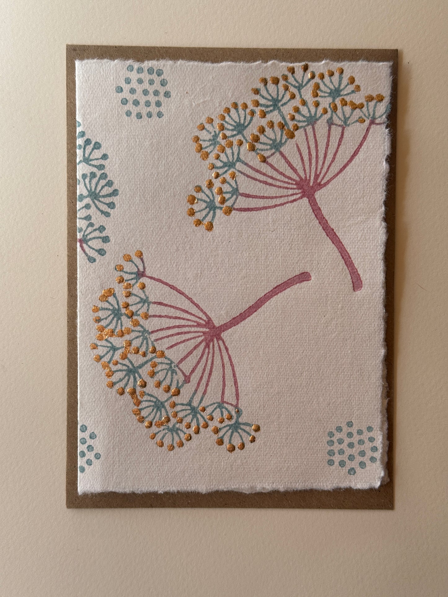 Handprinted Seed Head Greeting Card with Gold Leaf