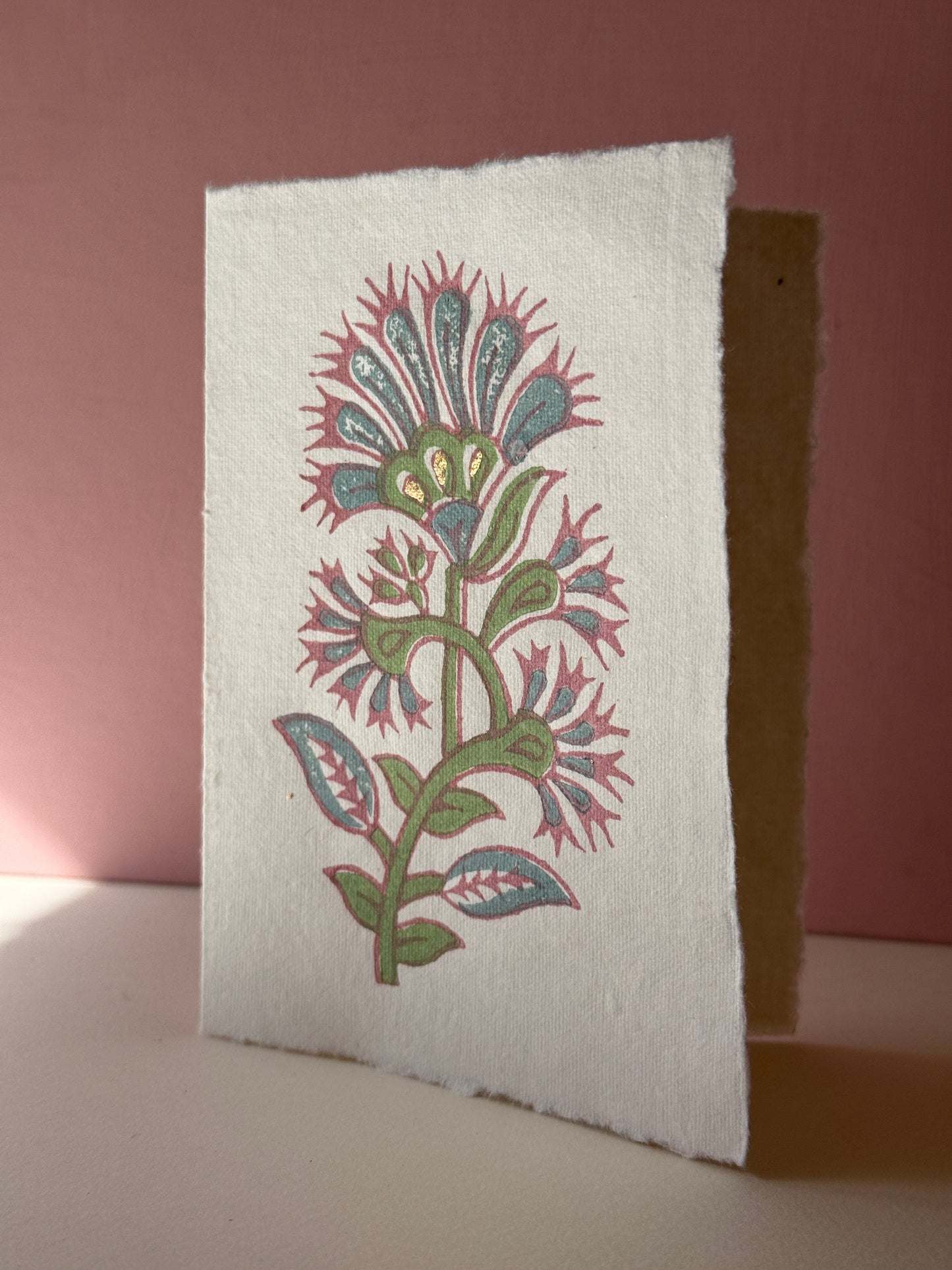Floral Block Print Greeting Card with Gold Leaf Detail