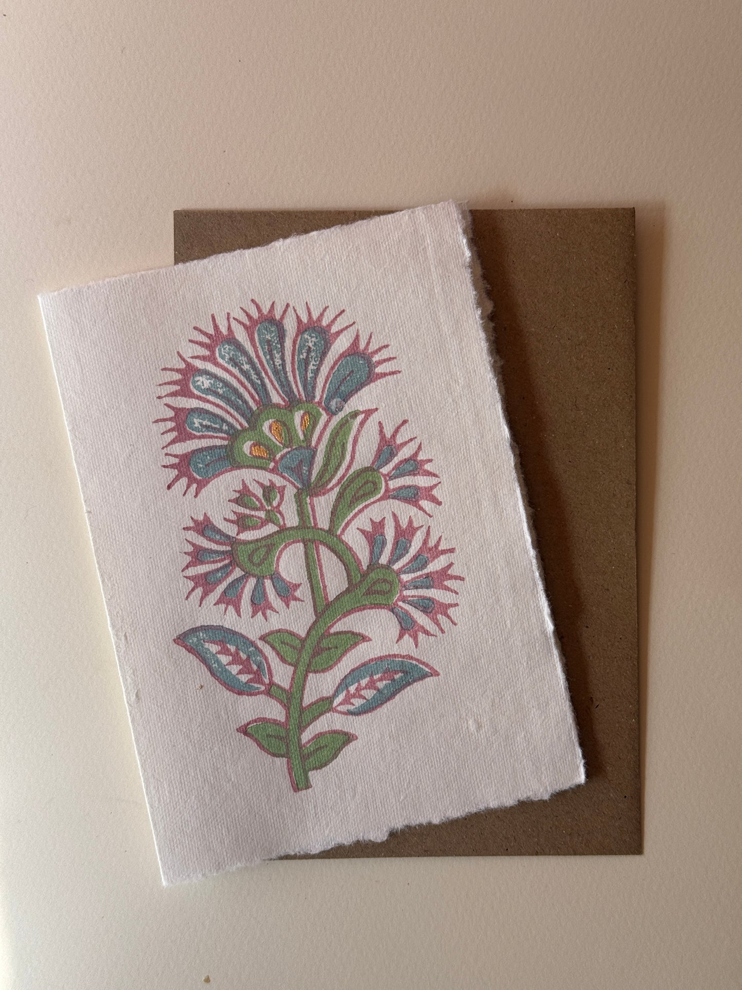 Floral Block Print Greeting Card with Gold Leaf Detail