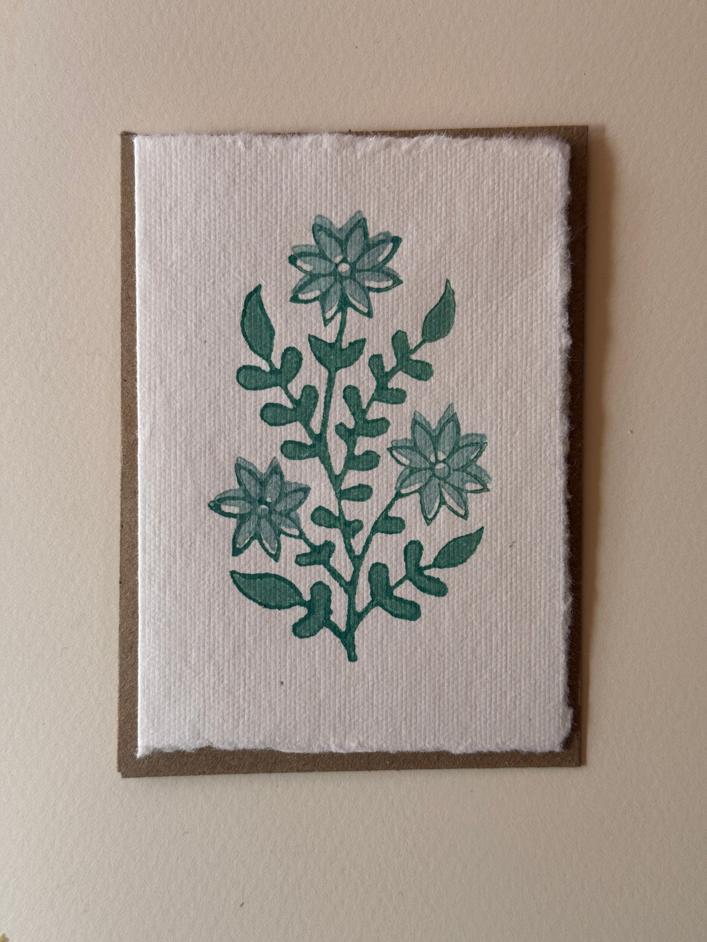 Handprinted Botanical Greeting Card in a Teal & Pale Blue