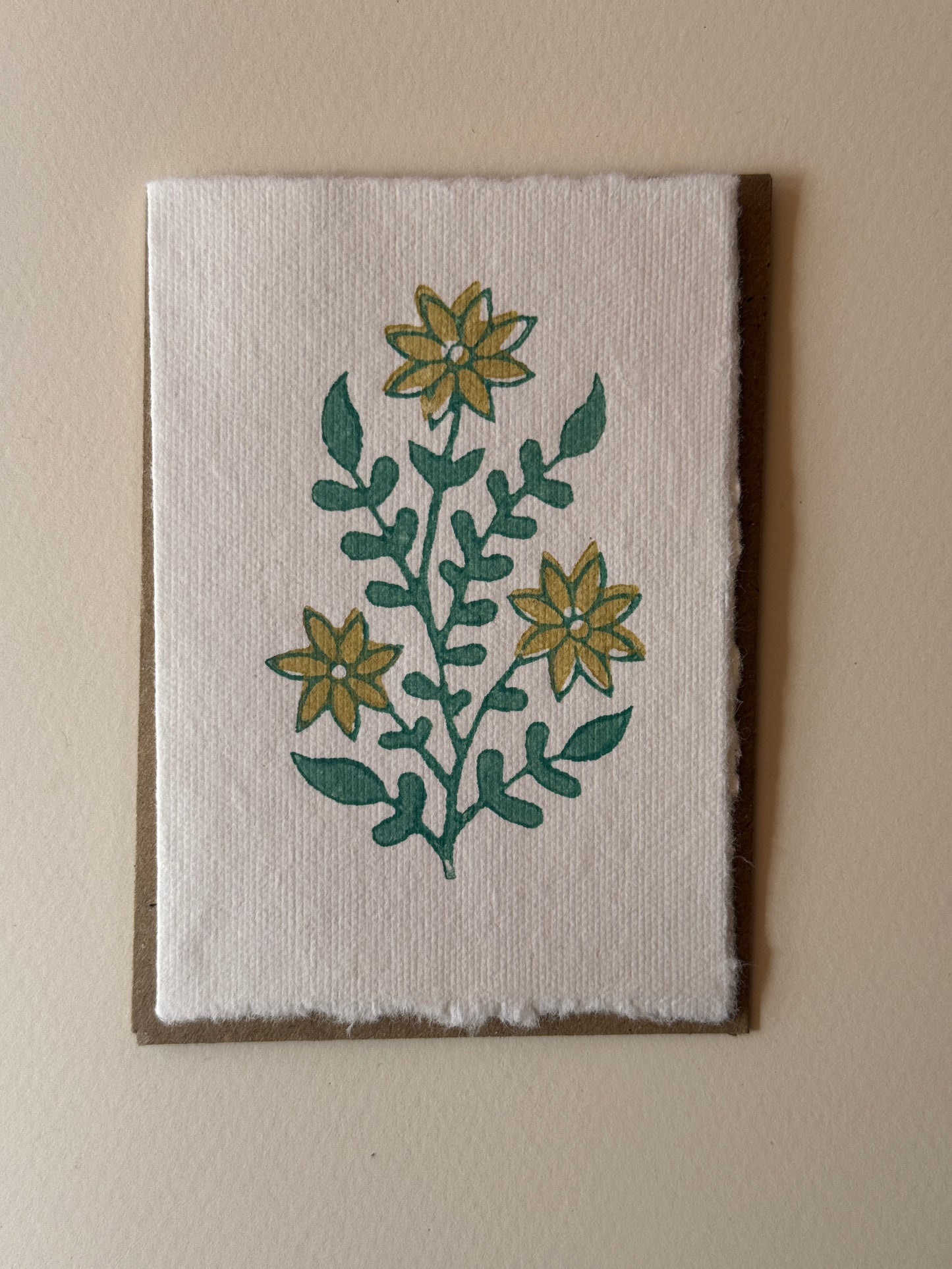 Handprinted Floral Stem Greeting Card in a Teal & Mustard Yellow