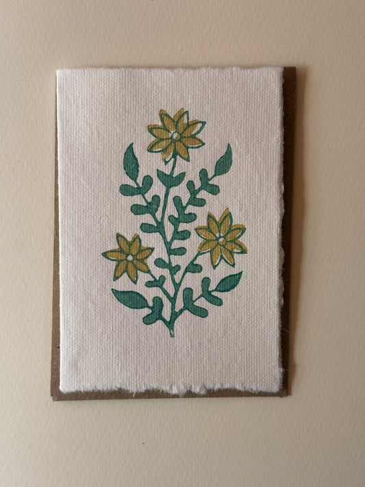 Handprinted Floral Stem Greeting Card in a Teal & Mustard Yellow
