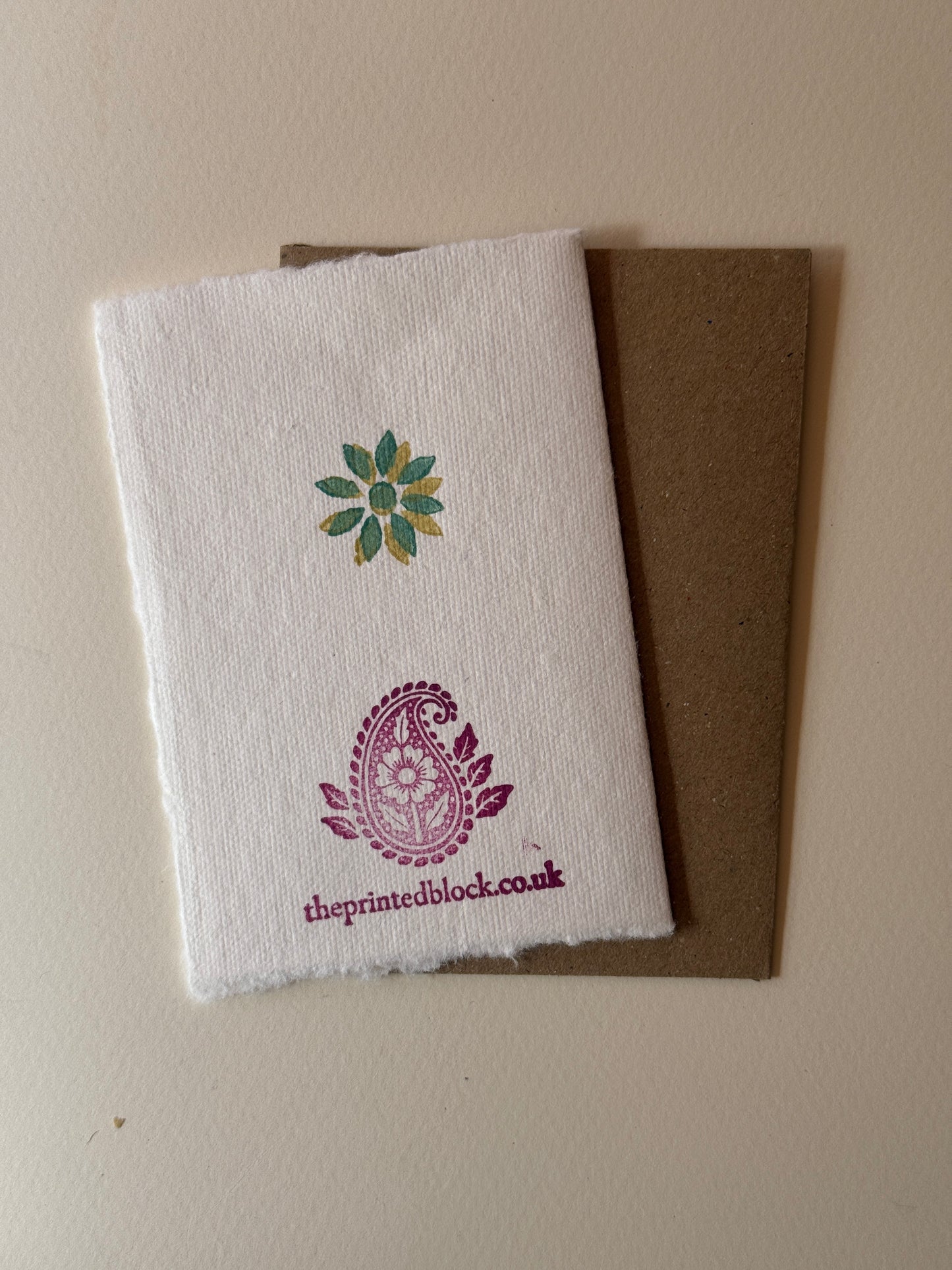 Handprinted Floral Stem Greeting Card in a Teal & Mustard Yellow