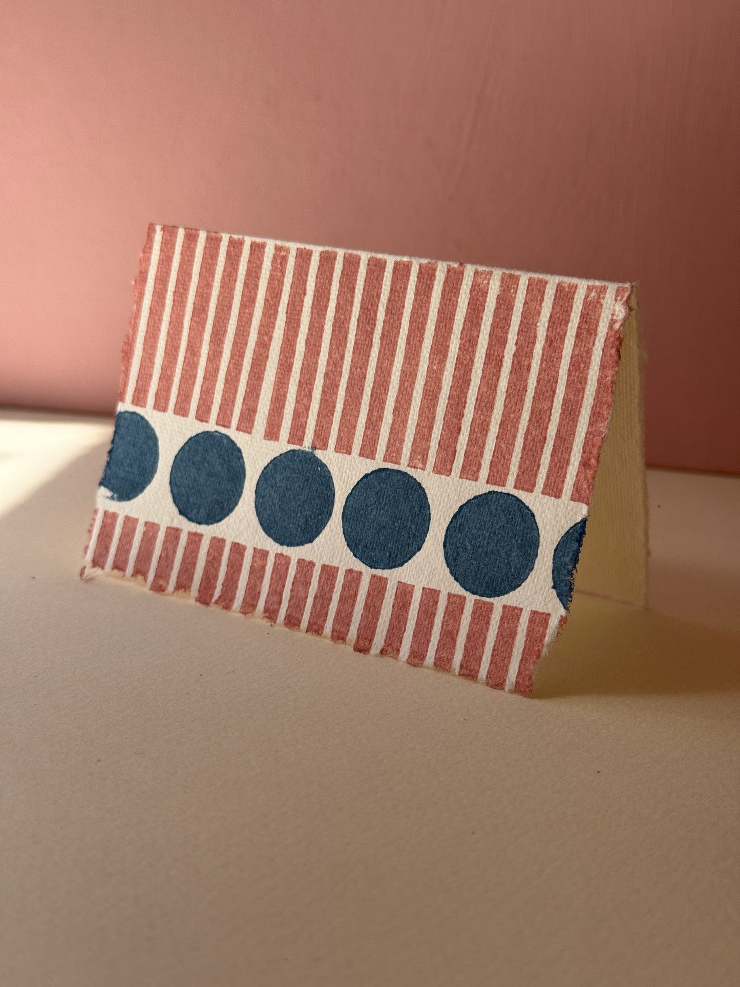 Handprinted Stripe &amp; Dot Greeting Card in Muted Red &amp; Deep Blue