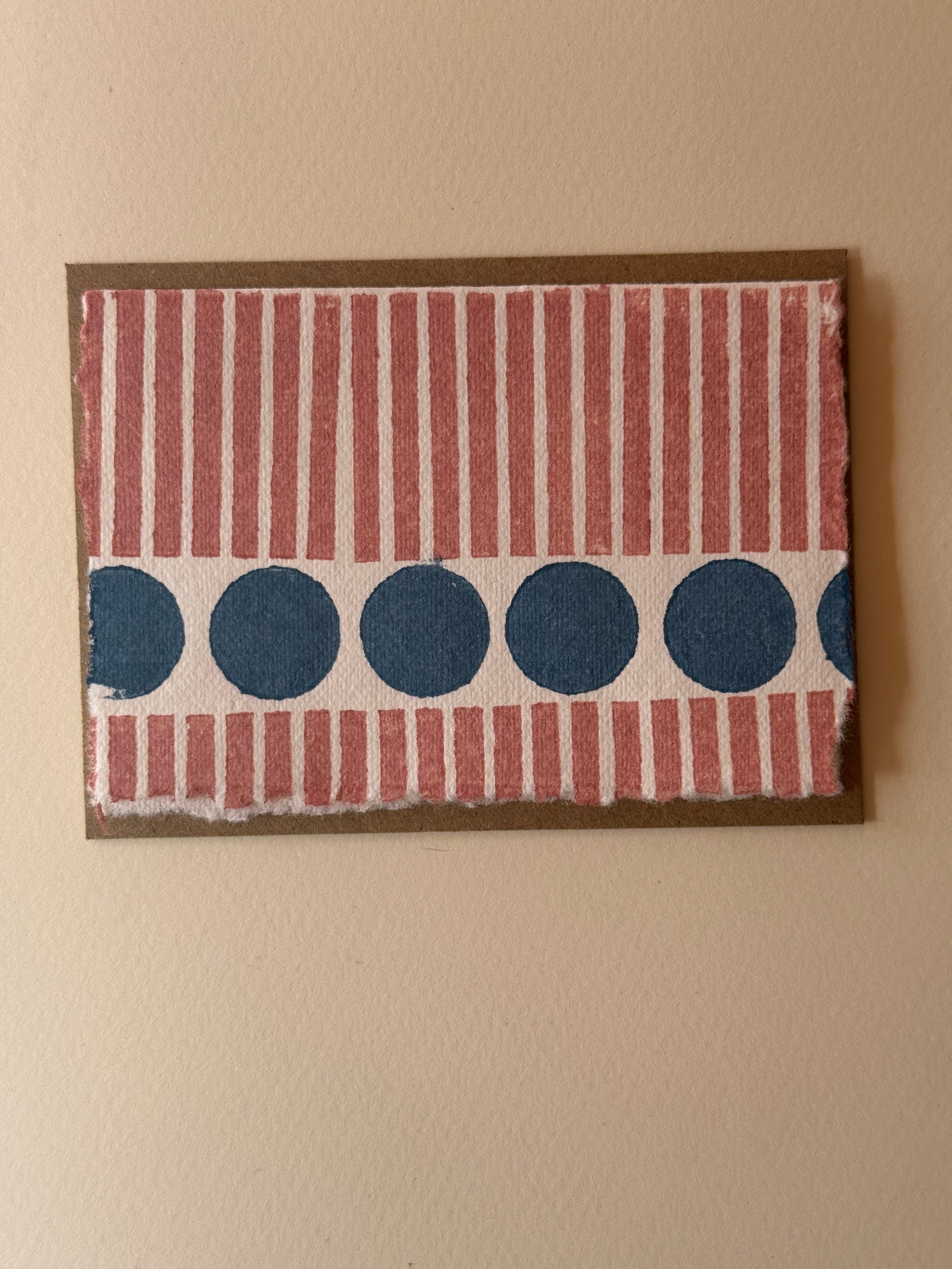 Handprinted Stripe &amp; Dot Greeting Card in Muted Red &amp; Deep Blue