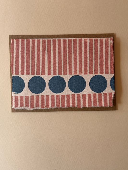 Handprinted Stripe &amp; Dot Greeting Card in Muted Red &amp; Deep Blue