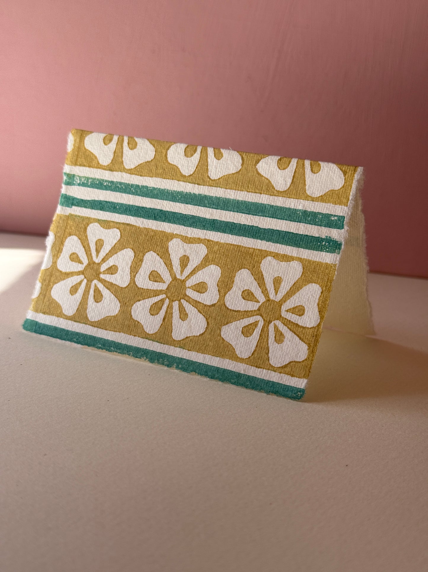 Handprinted Floral Border Greeting Card in Mustard Yellow & Teal Green