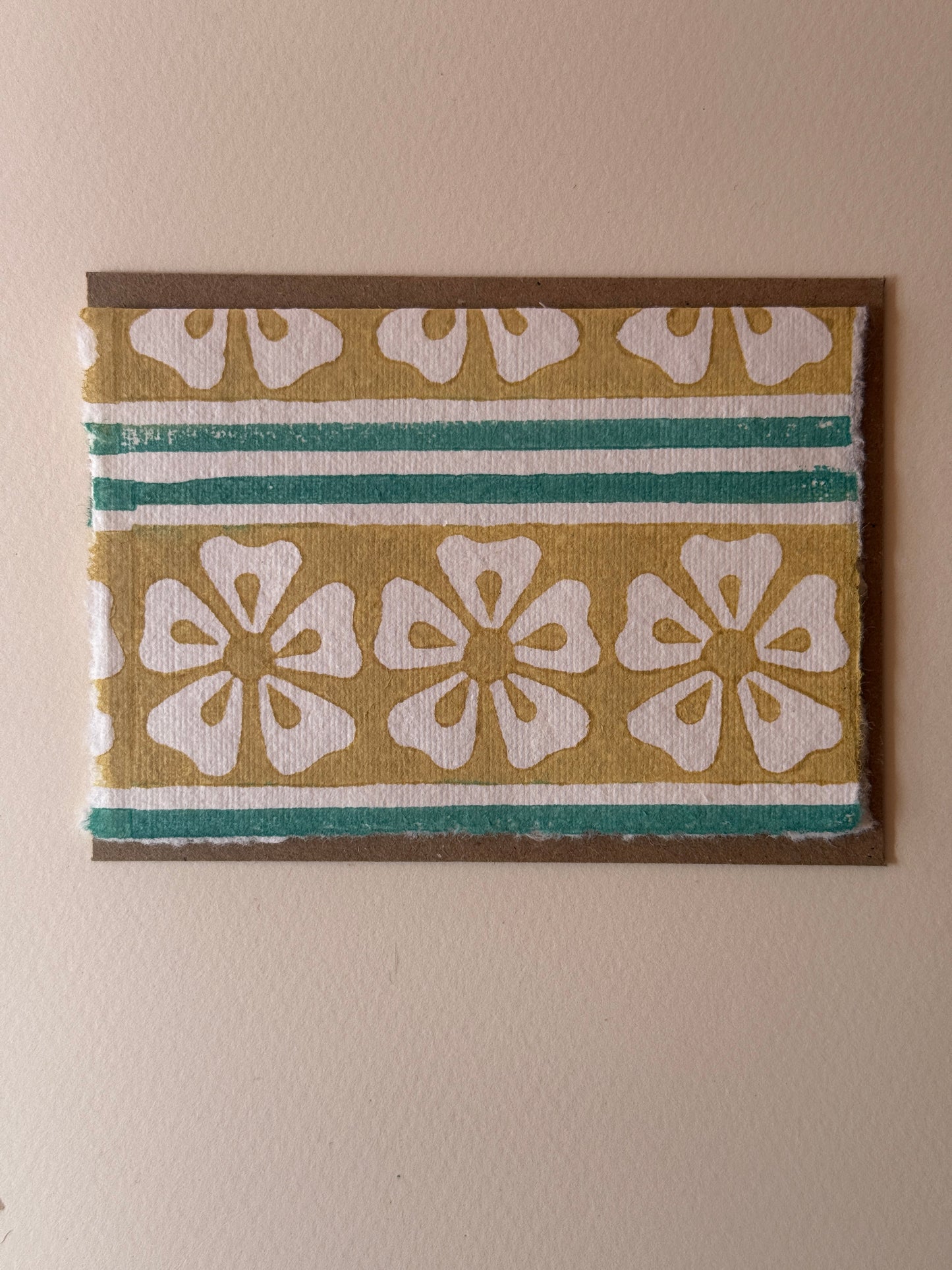 Handprinted Floral Border Greeting Card in Mustard Yellow & Teal Green