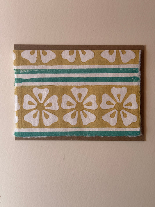 Handprinted Floral Border Greeting Card in Mustard Yellow & Teal Green