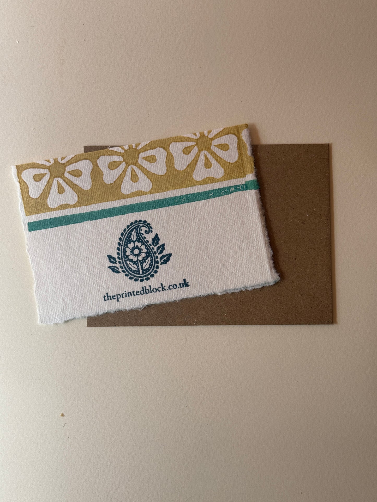 Handprinted Floral Border Greeting Card in Mustard Yellow & Teal Green