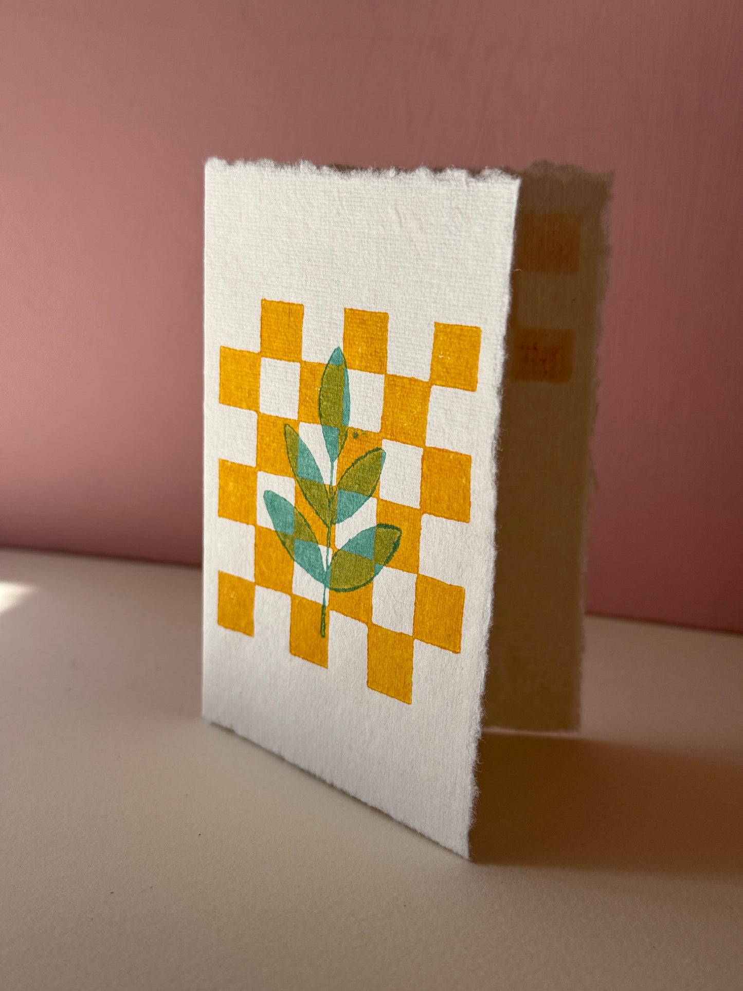 Handprinted Geometric Leaf Greeting Card in Mustard Yellow &amp; Soft Green
