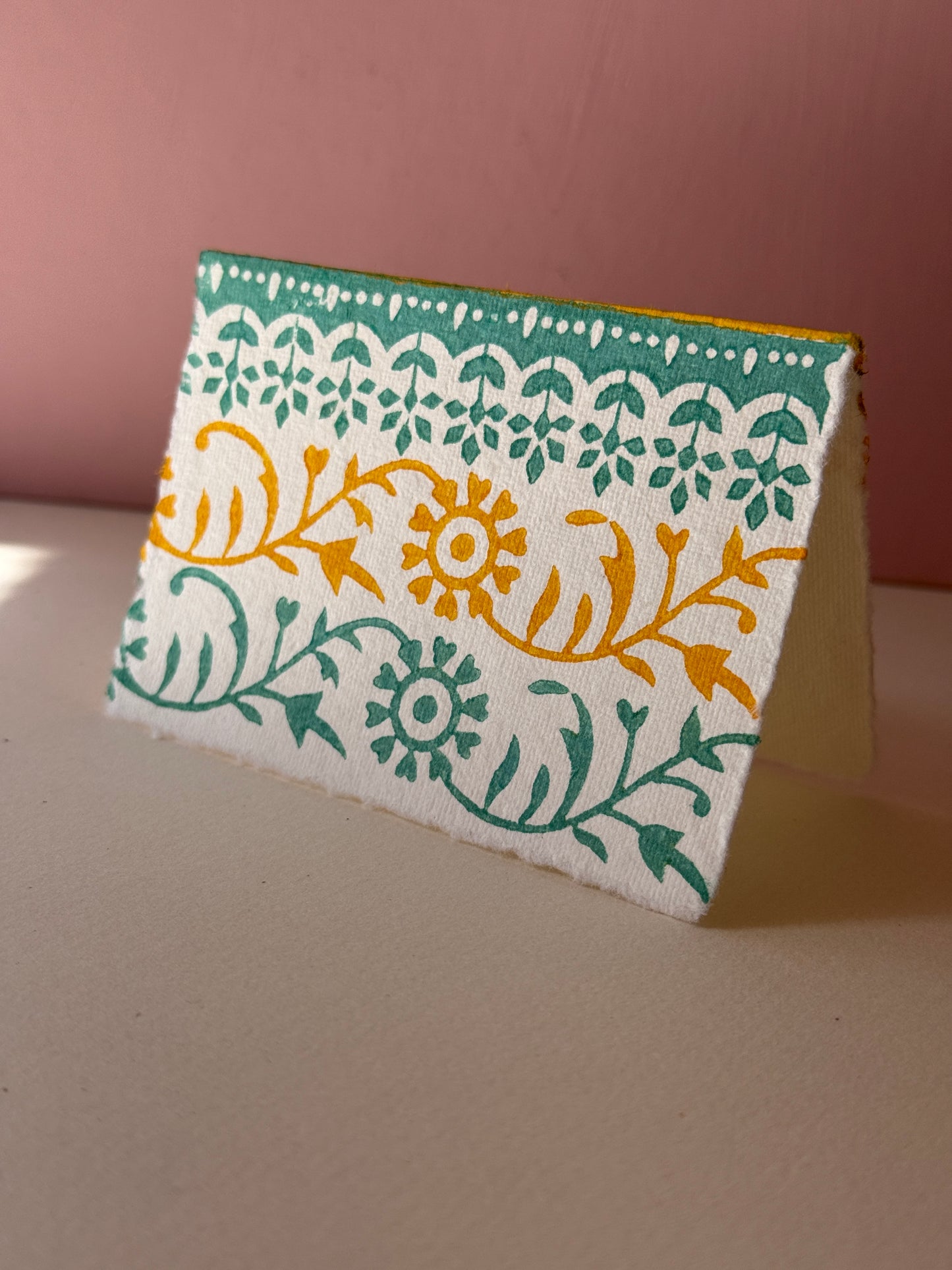 Handprinted Floral Border Greeting Card in Mustard Yellow & Teal Green
