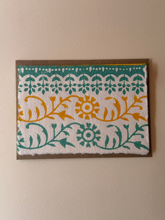 Handprinted Floral Border Greeting Card in Mustard Yellow & Teal Green