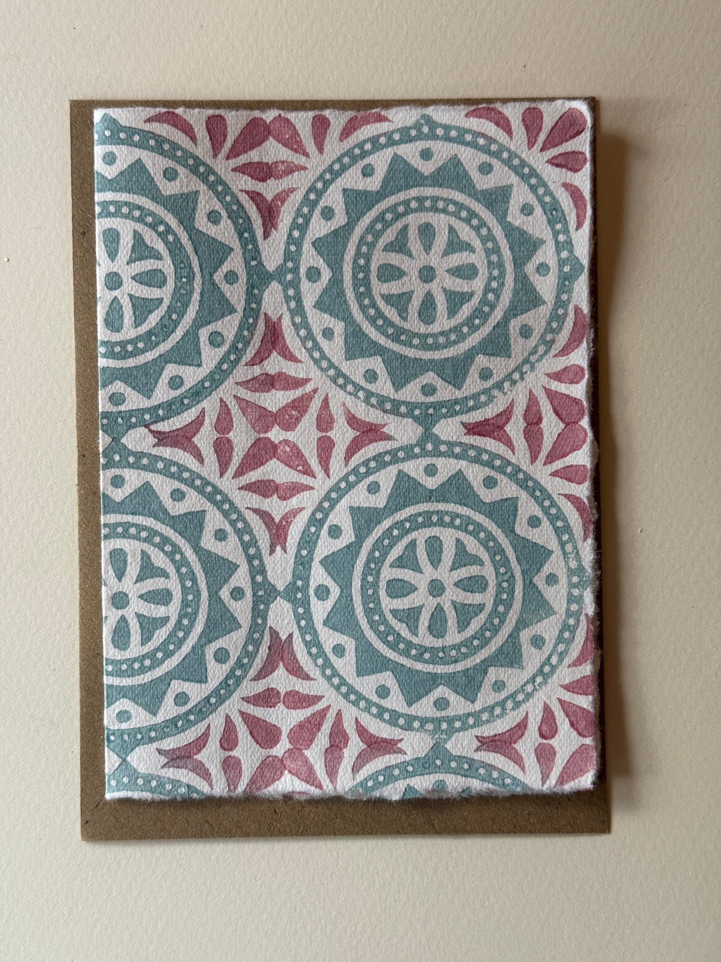 Moroccan Tile Greeting Card in Soft Green & Muted Pink