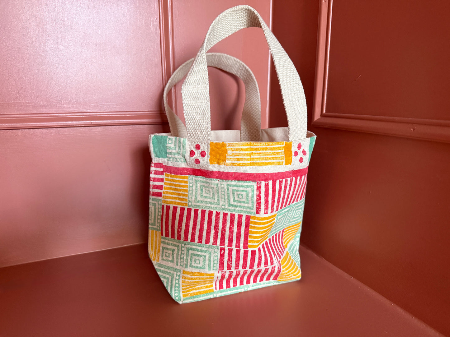 Mini Tote – Geometric Stripe & Square in Coral, Mustard & Soft Green
