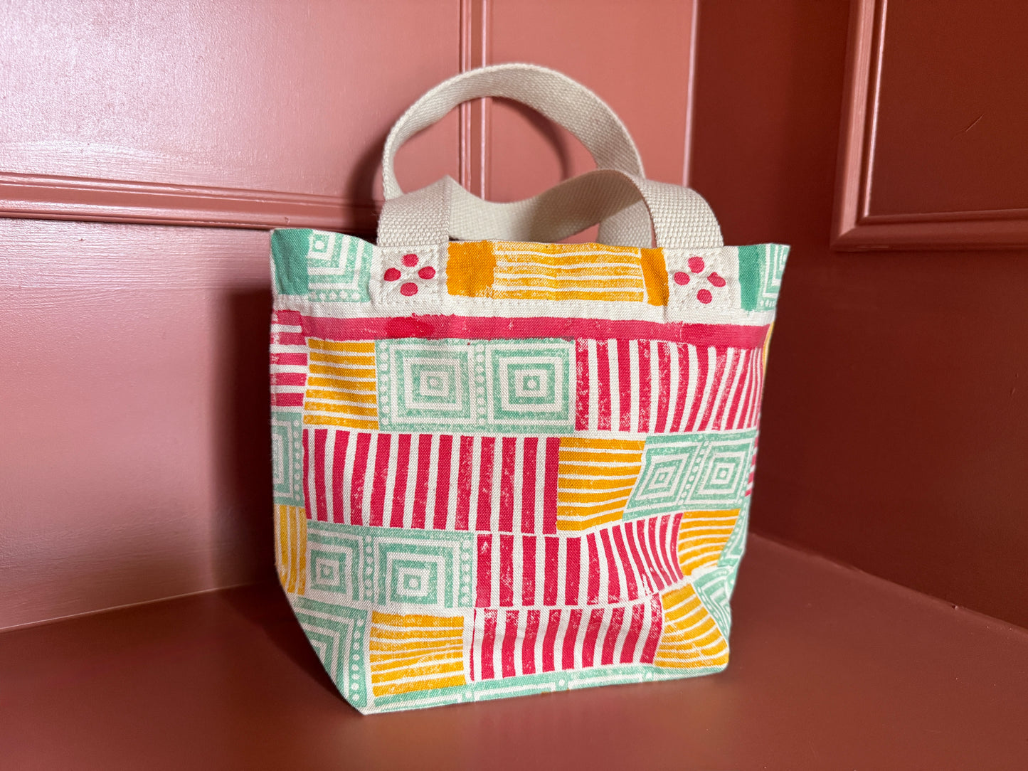 Mini Tote – Geometric Stripe & Square in Coral, Mustard & Soft Green