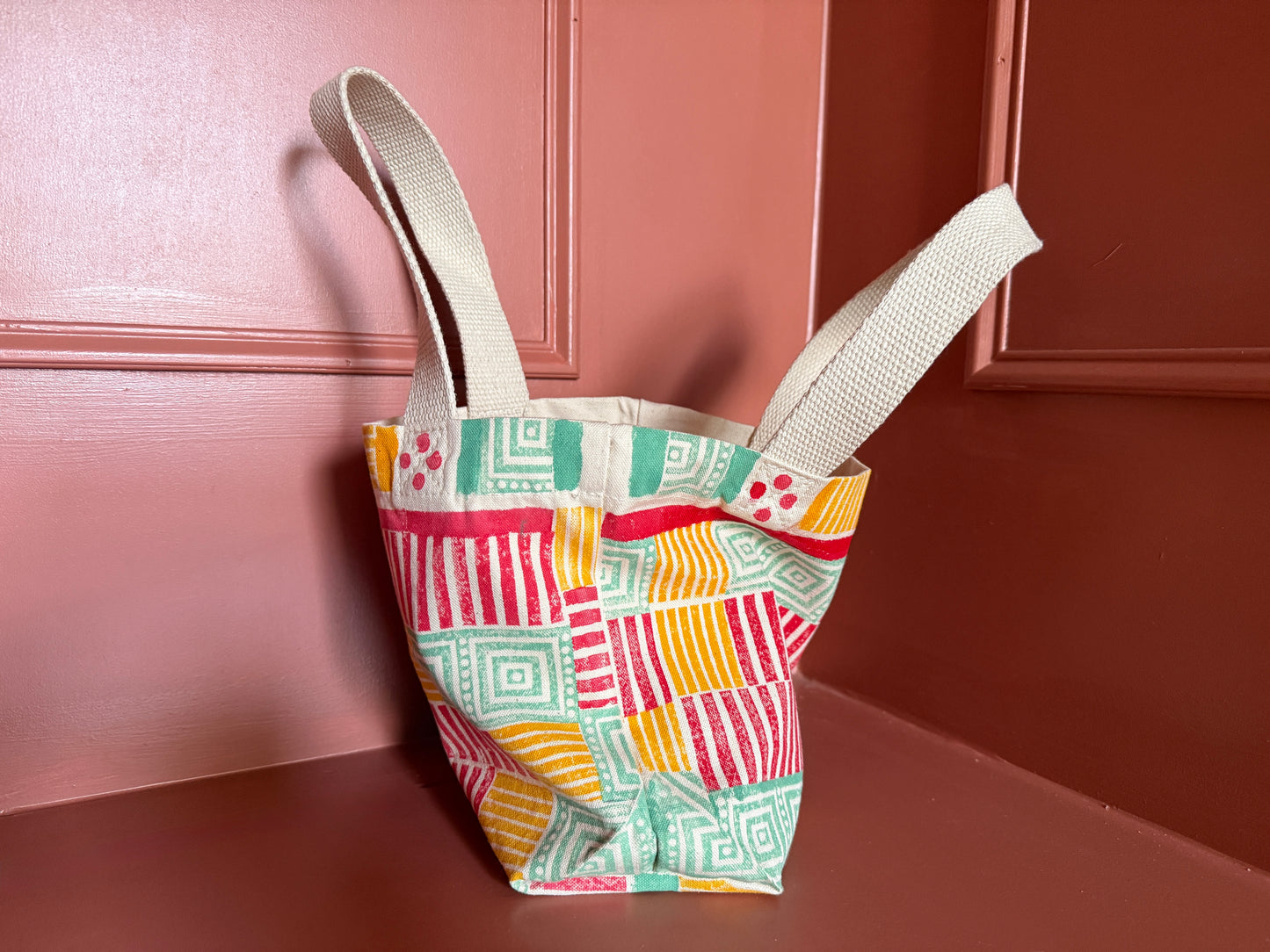 Mini Tote – Geometric Stripe & Square in Coral, Mustard & Soft Green