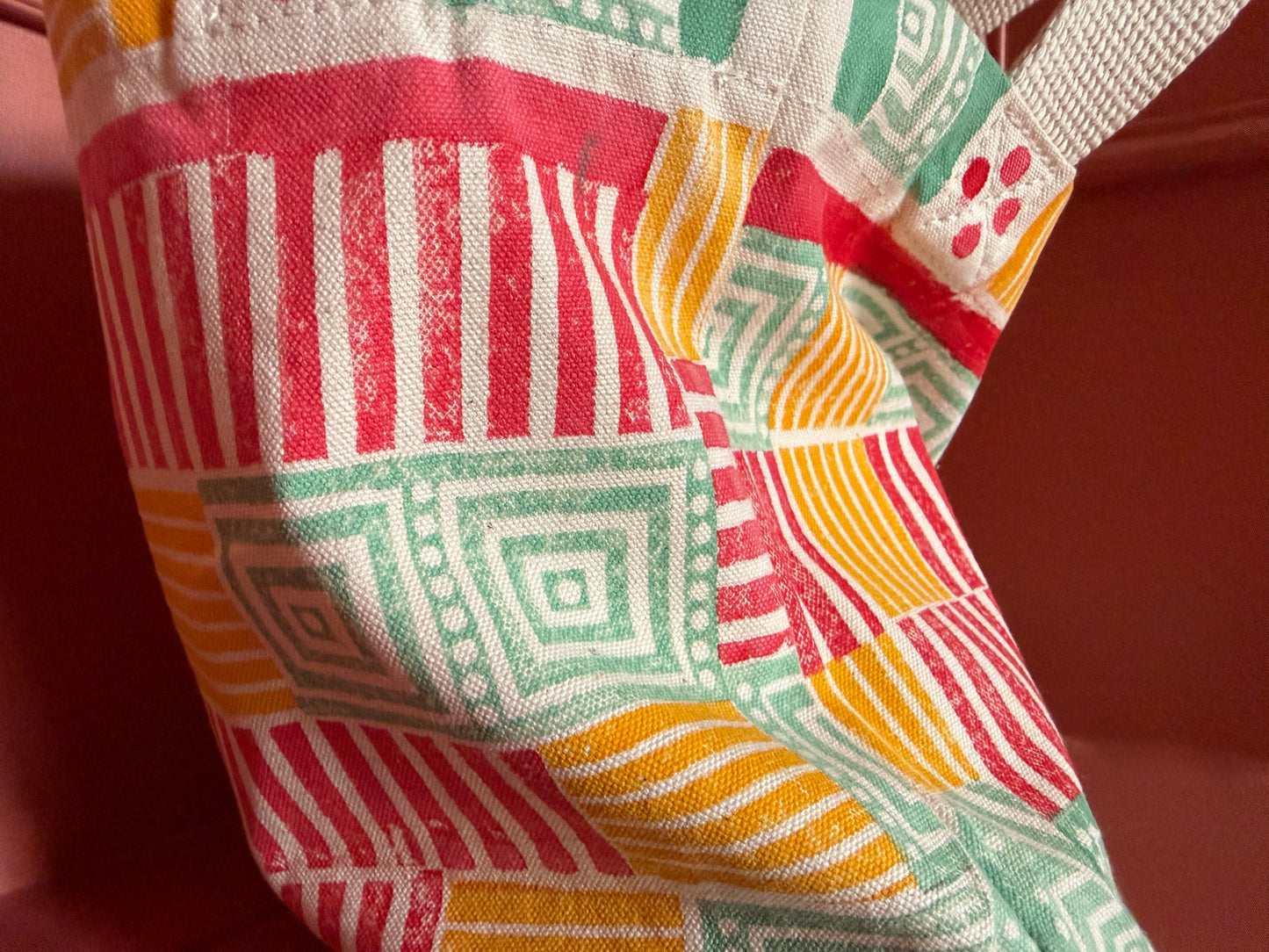 Mini Tote – Geometric Stripe & Square in Coral, Mustard & Soft Green