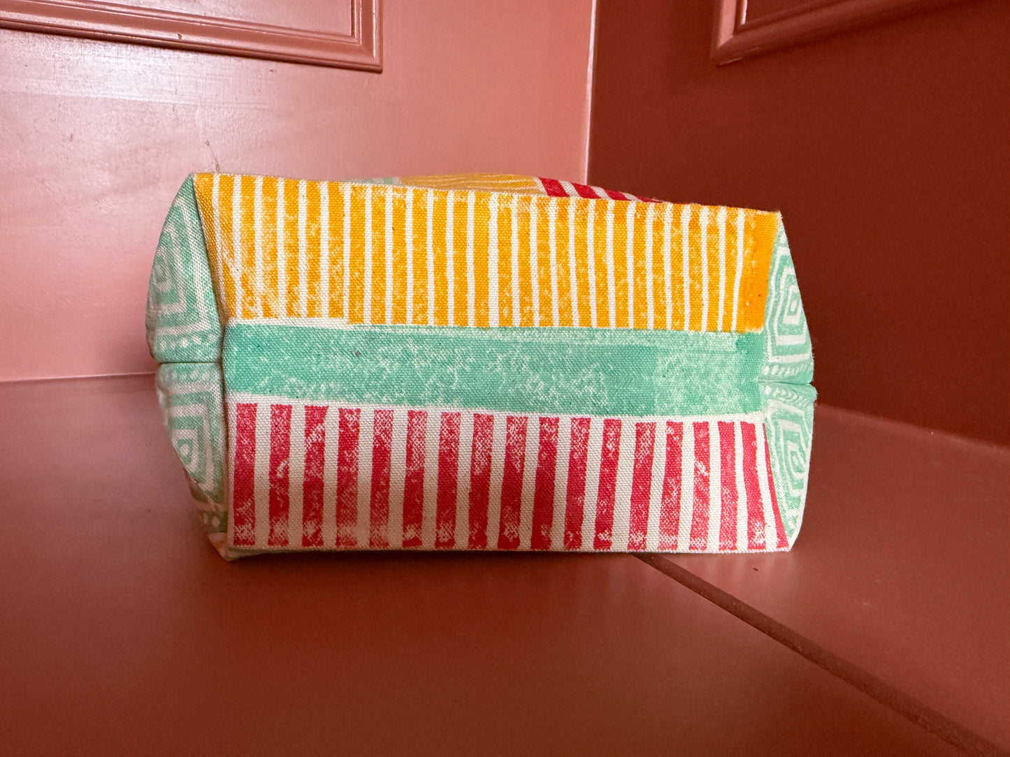Mini Tote – Geometric Stripe & Square in Coral, Mustard & Soft Green