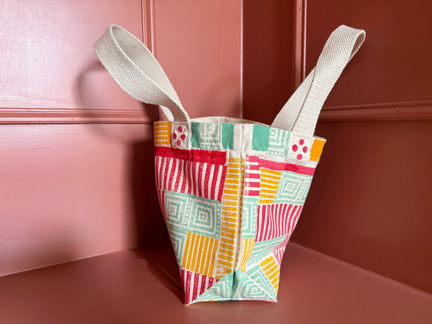 Mini Tote – Geometric Stripe & Square in Coral, Mustard & Soft Green