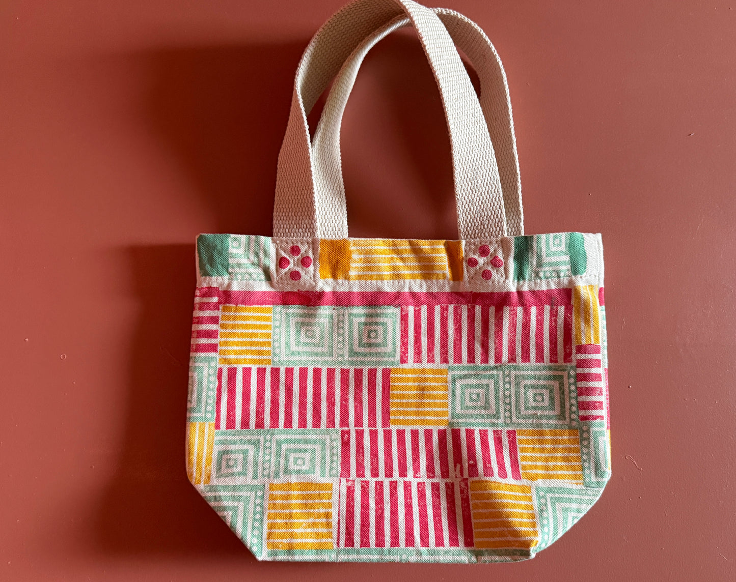 Mini Tote – Geometric Stripe & Square in Coral, Mustard & Soft Green