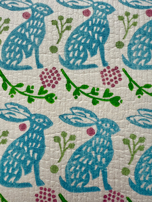 Blue Hare and Foliage Dish Cloth (x2)