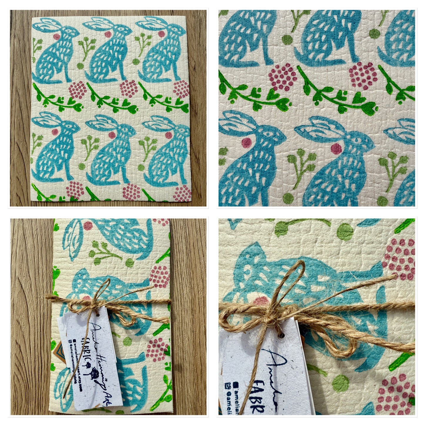 Blue Hare and Foliage Dish Cloth (x2)